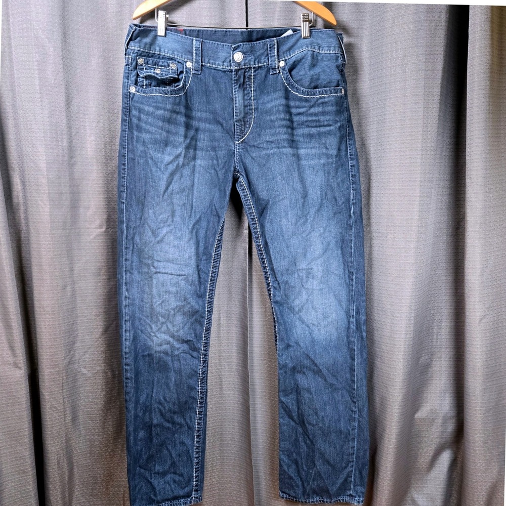 True Religion Ricky Relaxed Straight Jeans Mens Size 38 Medium Wash Flap Pocket